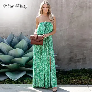 Длинное платье с принтом листьев в стиле отпуска WildPinky, Женское платье с разрезом на спине и оборками, Новое модное летнее пляжное платье Vestidos