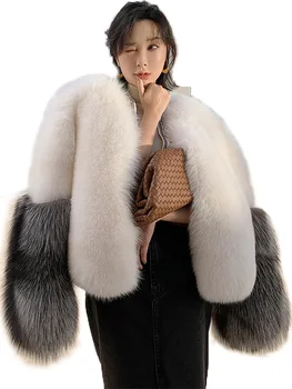FURTJY Зимняя импортная шуба из цельной кожи с лисьим мехом, женская мода контрастного цвета с рукавами из серебристой лисы в европейском и американском стиле