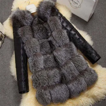 Пальто с искусственным рукавом средней длины из меха для женщин