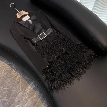 Модный двубортный женский Блейзер с длинными рукавами в стиле пэчворк из перьев, повседневный дизайн для вечеринок, Тяжелое черное пальто с поясом