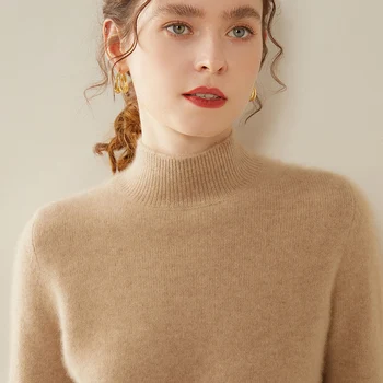 Осенне-зимний новый кашемировый свитер, женский пуловер с полувысоким вырезом, длинный рукав, однотонное пальто из плотного теплого трикотажа.