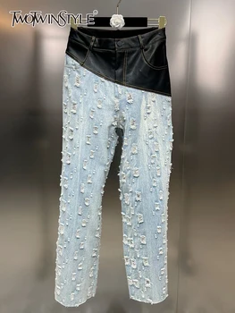 TWOTWINSTYLE, Уличная одежда, Джинсы из искусственной кожи в стиле пэчворк, женские джинсы с высокой талией и отверстиями, Джинсовые брюки с цветными блоками, Женская одежда