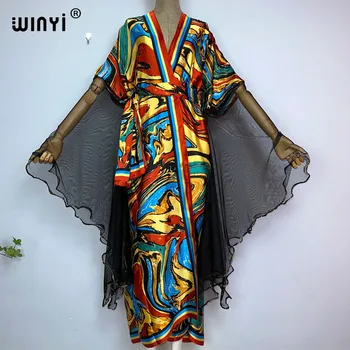 WINYI летнее модное женское пальто с принтом, Длинное платье с поясом, элегантное Бохо Макси, пляжная Накидка для Плавания, Сексуальное перспективное кимоно