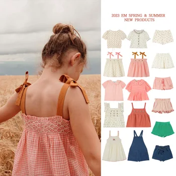 Комплект блузок и рубашек для девочек 23 Летний Детский комплект с цветочной вышивкой в пасторальном стиле, Шорты, комплекты с платьем принцессы, Детские брюки