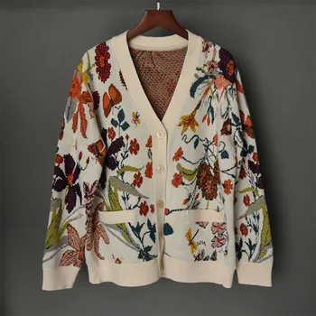 2022 Осенние модные женские высококачественные дизайнерские шерстяные вязаные куртки с цветочным рисунком, Элегантные кардиганы с V-образным вырезом, топ B532