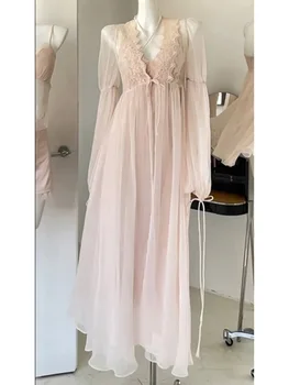Длинное платье во французском стиле, Сказочная Ниша, Уникальный стиль Отдыха, Шикарное Красивое Розовое платье-кардиган на бретельках для женщин