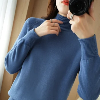 Весенне-осенний новый хлопковый вязаный свитер с высоким воротом, женский свободный универсальный пуловер большого размера, нижняя рубашка