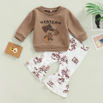 Комплекты осенней одежды для маленьких девочек, топы с длинными рукавами и буквенным принтом + расклешенные брюки с принтом лошади