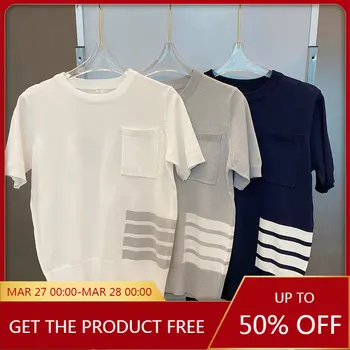Трикотажная футболка TB с короткими рукавами, Свитер, Белая четырехслойная пряжа с красными, белыми и синими лентами, Жаккардовые хлопковые карманы