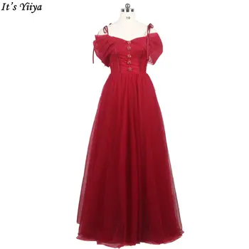 It's Yiiya/ Красные Вечерние платья с открытыми плечами, Фатиновые Трапециевидные Складки, Длина до пола, на шнуровке, Большие размеры, Женское Вечернее платье ZP026