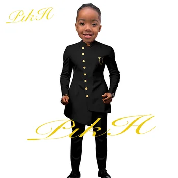 Черный костюм для мальчиков, свадебный смокинг, куртка в индийском стиле, Брюки, детское модное праздничное платье из 2 предметов, приталенная детская одежда
