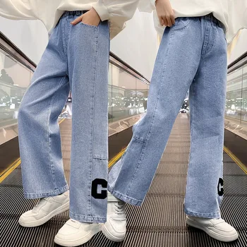 Новые Осенние Джинсы для девочек-подростков, широкие брюки с высокой талией, Детские Свободные корейские синие джинсовые брюки, брюки в повседневном стиле, одежда
