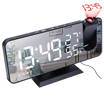 Светодиодный Цифровой будильник, Радиопроекция с температурой и влажностью, Зеркальные часы, Многофункциональный прикроватный дисплей времени, цветная таблица